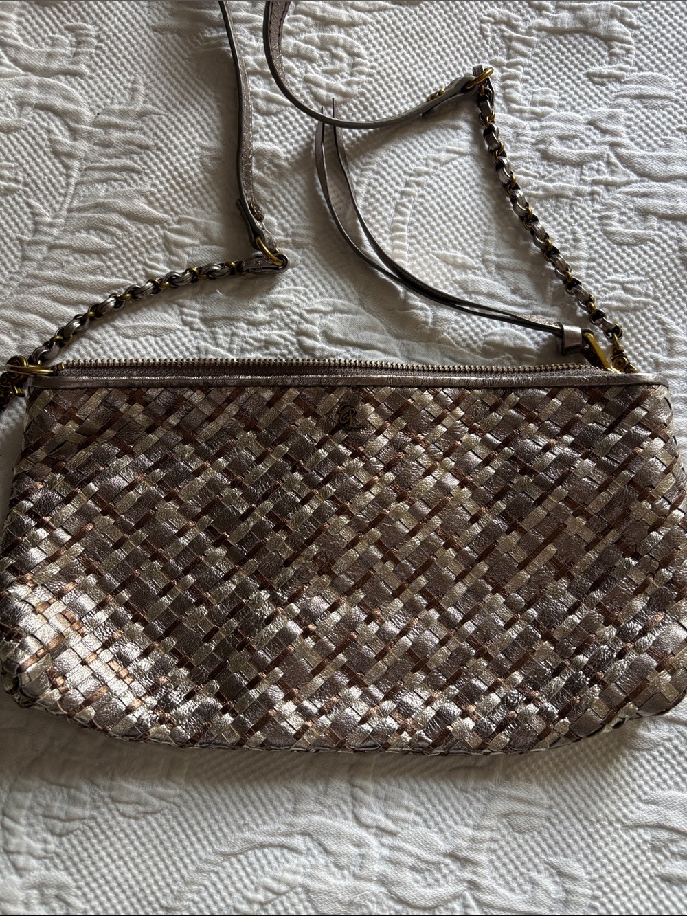 Elliot Lucca Woven Leather Metallic Taupe Crossbody Bag